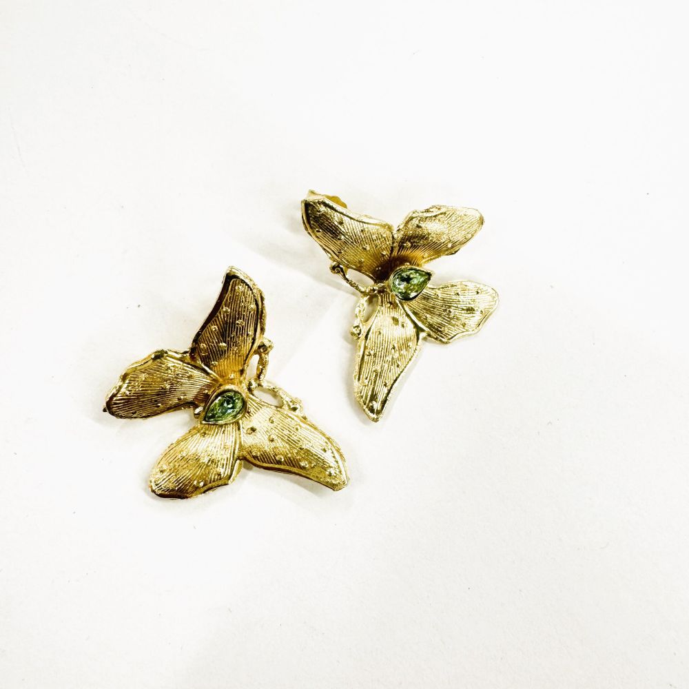 handmade brass butterfly statement earrings with green crystal center stone, artisan boho jewelry made in Greece