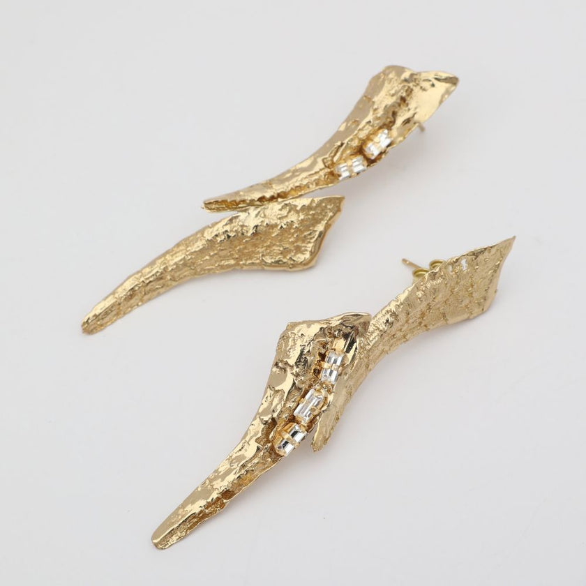 Sparkly Nerra Earring — handmade brass sculptural drop earrings with baguette crystal detail, artisan jewelry made in Greece