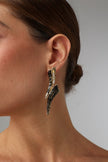  Sparkly Nerra Earring — handmade brass long sculptural drop earrings with crystals and oxidized finish on model