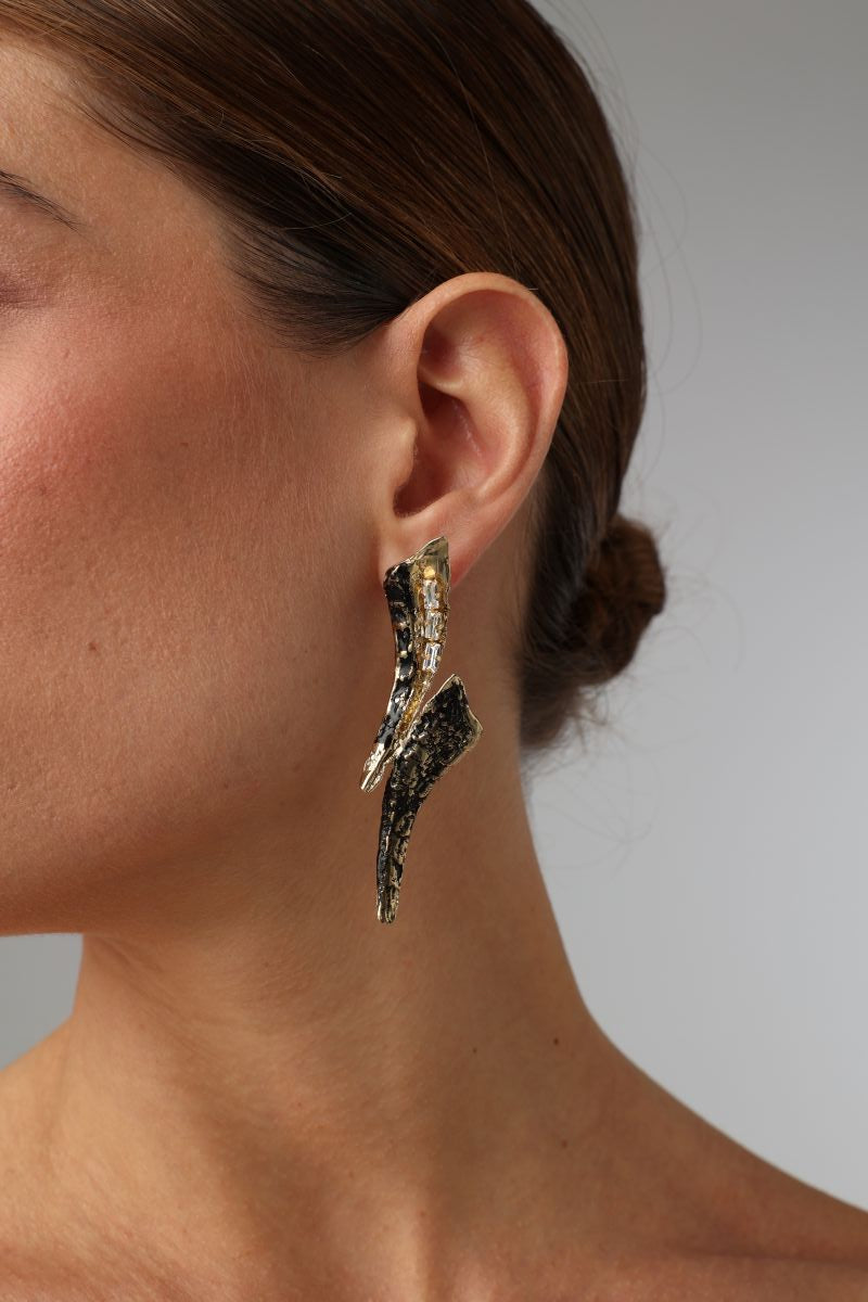  Sparkly Nerra Earring — handmade brass long sculptural drop earrings with crystals and oxidized finish on model