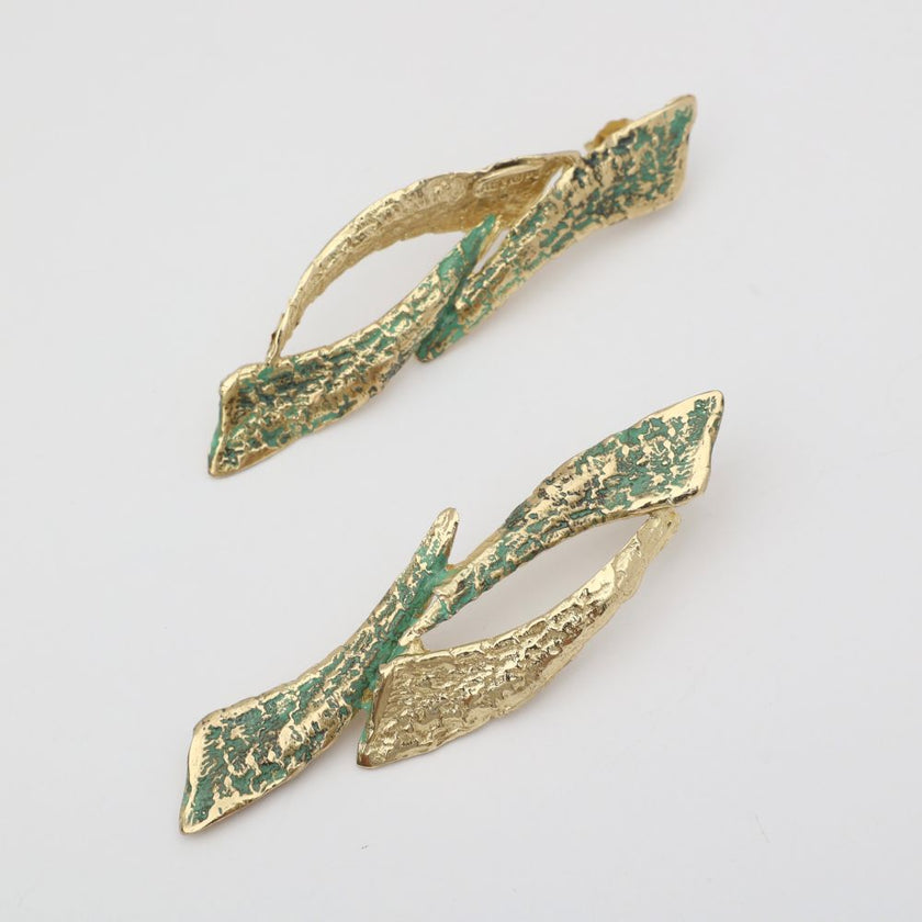 Nerra Earring — handmade brass sculptural drop earrings with twisted branch and verdigris patina, artisan jewelry made in Greece