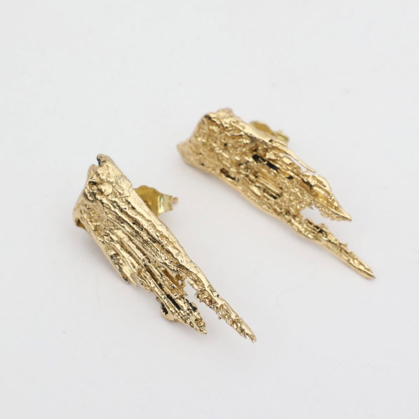Dragonfish Earring — handmade brass raw eroded stud earrings polished finish, artisan jewelry made in Greece