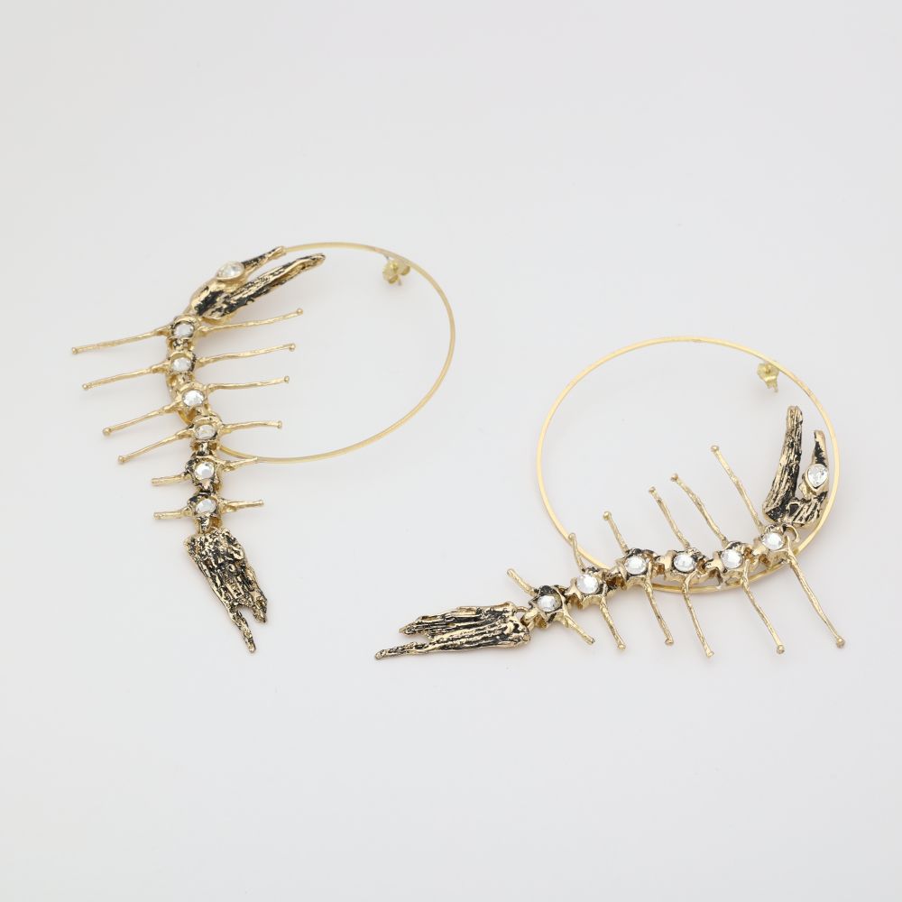 handmade brass sculptural hoop earrings with crystal creature form, artisan jewelry made in Greece