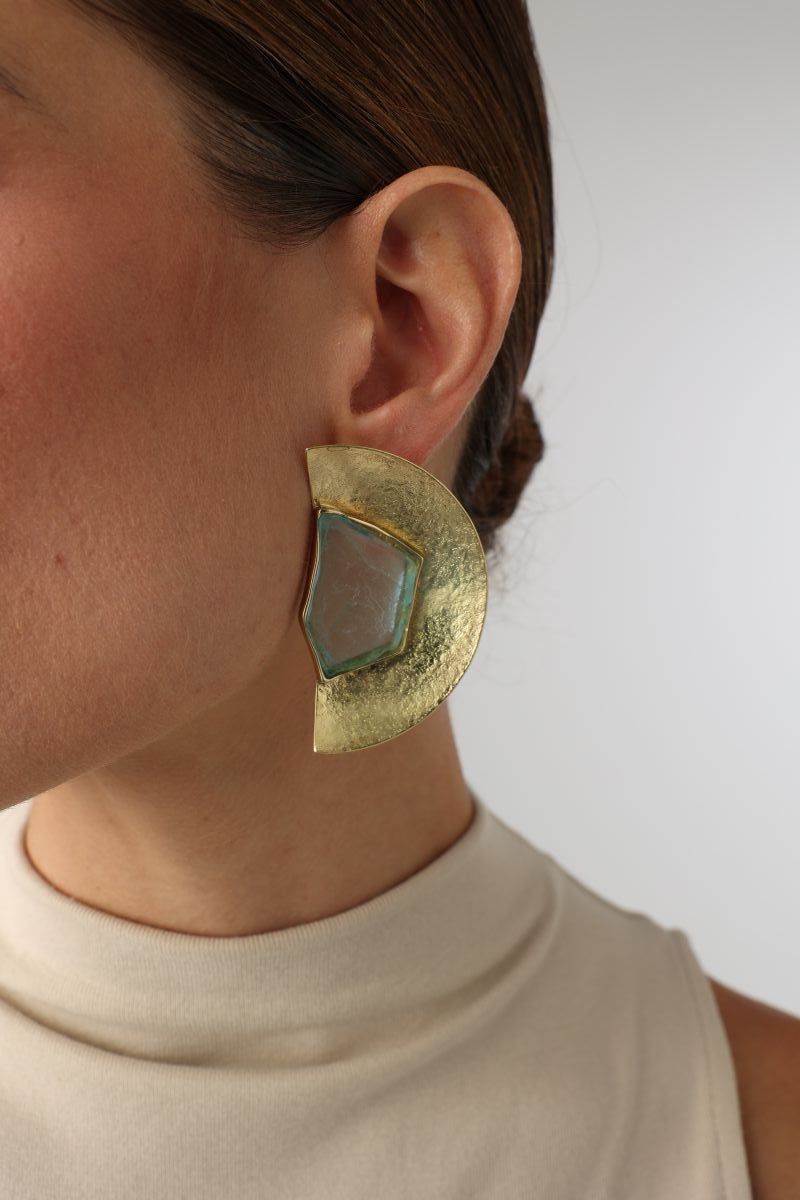 Pond Earring — handmade brass half-moon gemstone stud earrings on model, bold artisan jewelry made in Greece