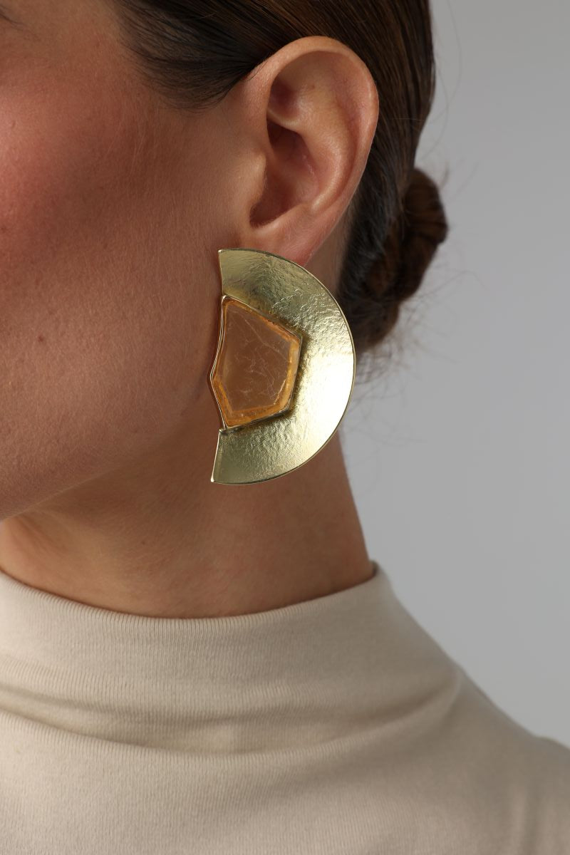 Pond Earring — handmade brass large semicircle stud earrings with raw stone on model, statement artisan jewelry