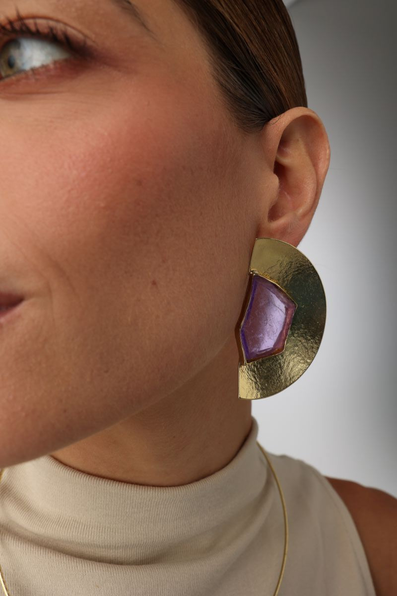 Pond Earring — handmade brass oversized disc stud earrings with raw amethyst stone on model, close-up