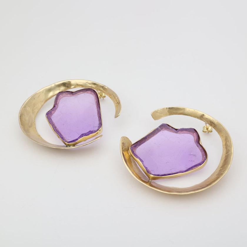Lucky Lake Earring — handmade brass gemstone hoop earrings with raw amethyst stone, flat lay