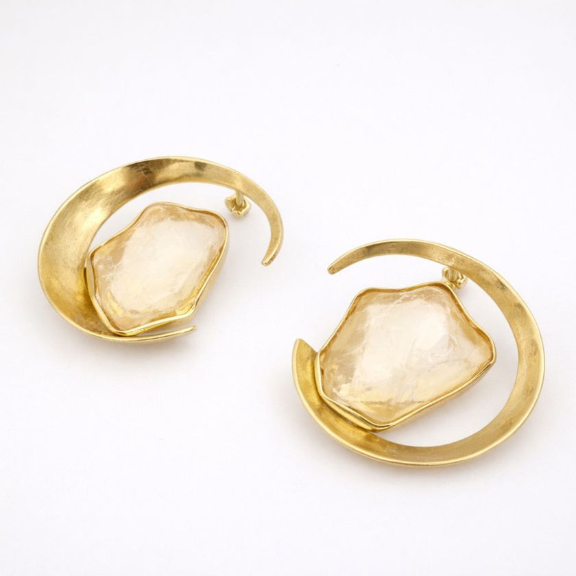Lucky Lake Earring — handmade brass oversized hoop earrings with raw crystal stone, artisan jewelry made in Greece