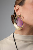  Lucky Lake Earring — handmade brass oversized gemstone hoop earrings with raw amethyst stone on model