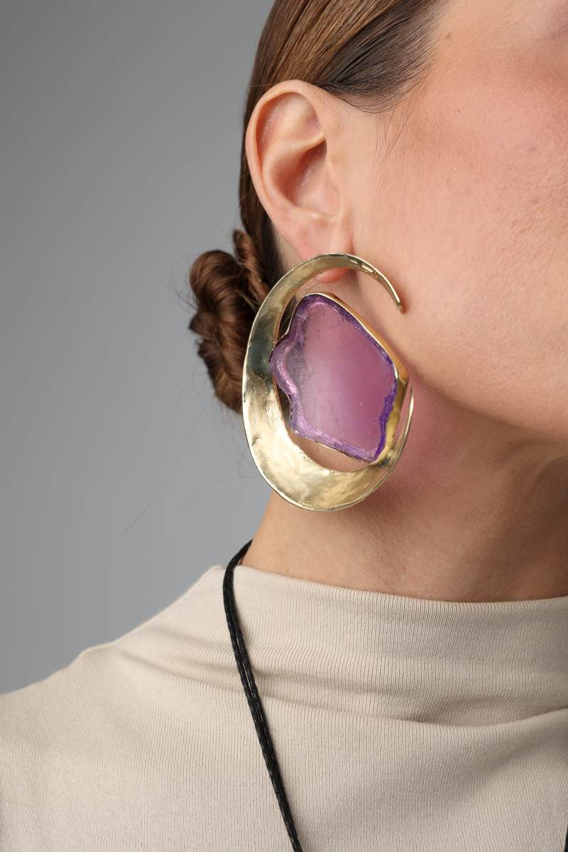  Lucky Lake Earring — handmade brass oversized gemstone hoop earrings with raw amethyst stone on model