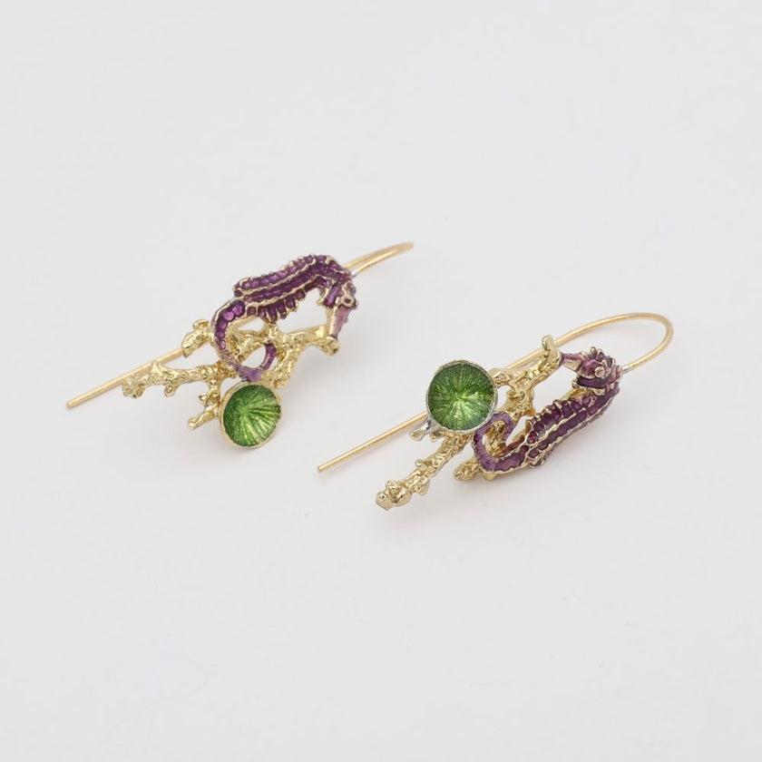 Coralia Earring — handmade brass enamel seahorse drop earrings close-up, boho artisan jewelry made in Greece