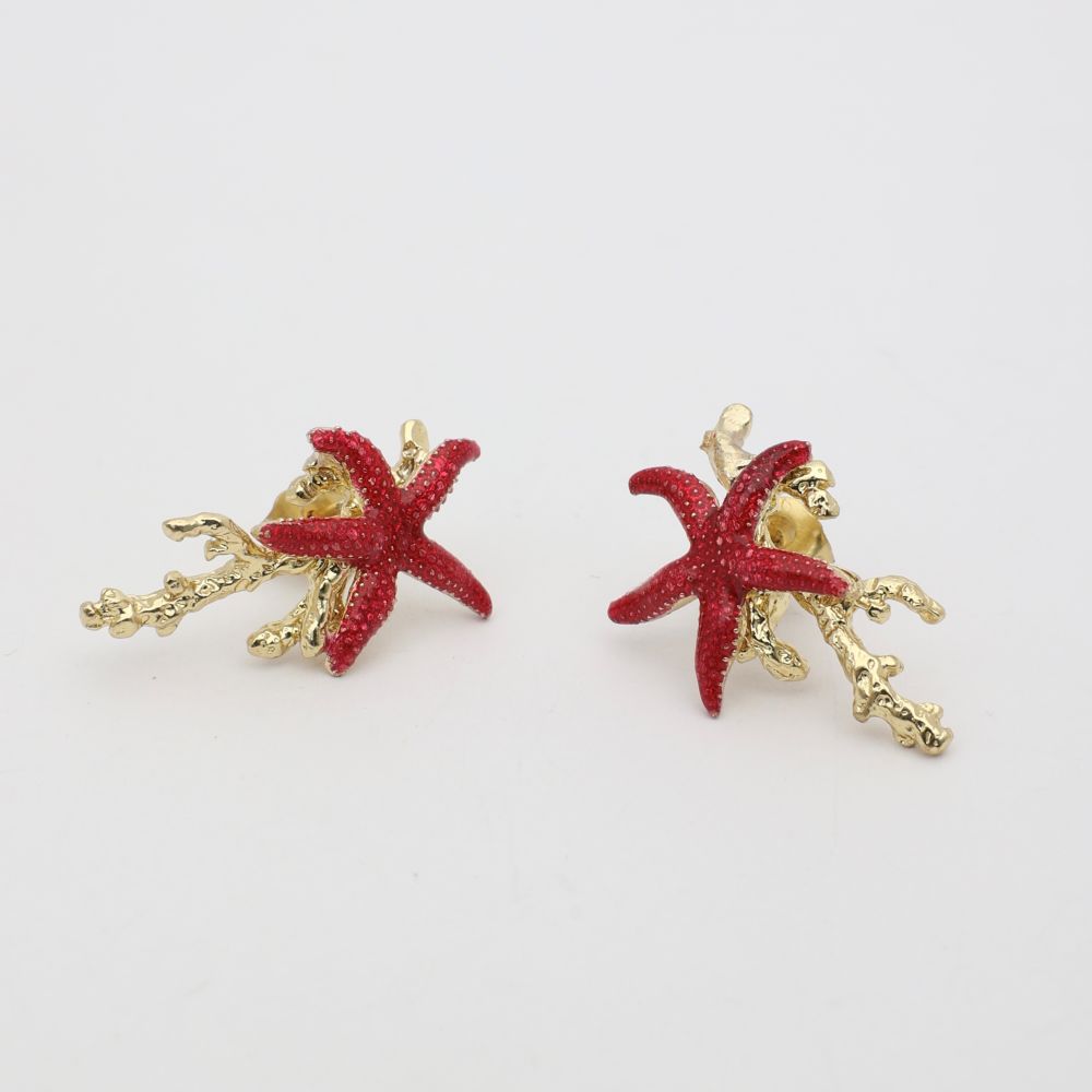 Astel Earring — handmade brass starfish and coral stud earrings, boho statement earrings flat lay