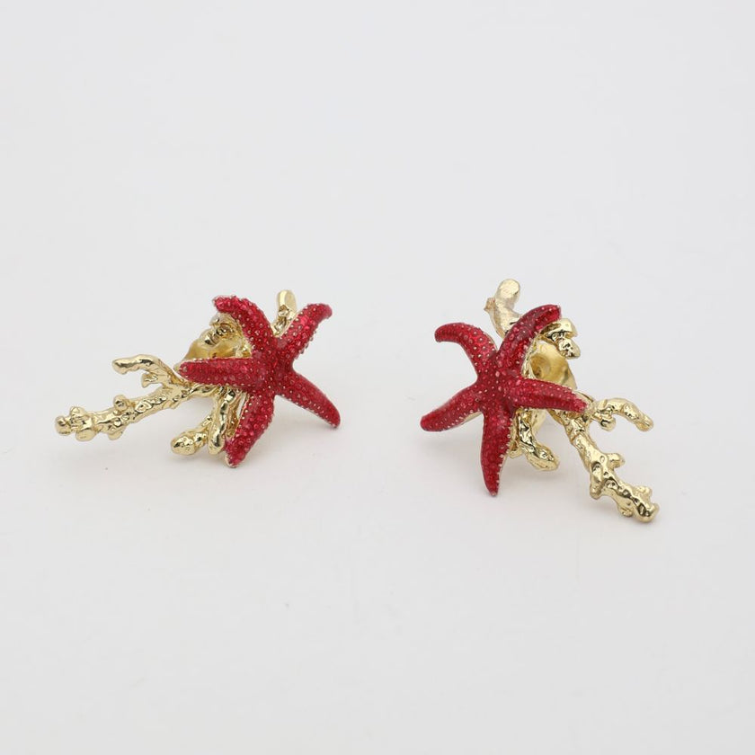 Astel Earring — handmade brass starfish and coral stud earrings, boho statement earrings flat lay