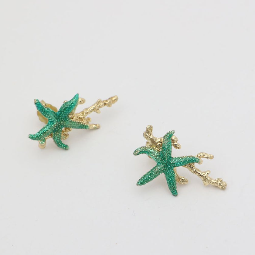 Astel Earring — handmade brass enamel starfish stud earrings close-up, artisan jewelry flat lay