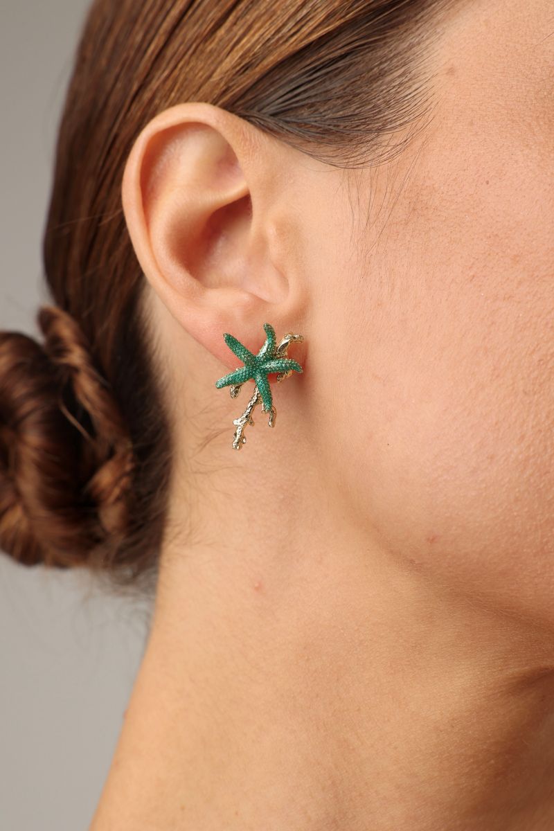 Astel Earring — handmade brass starfish coral stud earrings on model, boho artisan jewelry made in Greece