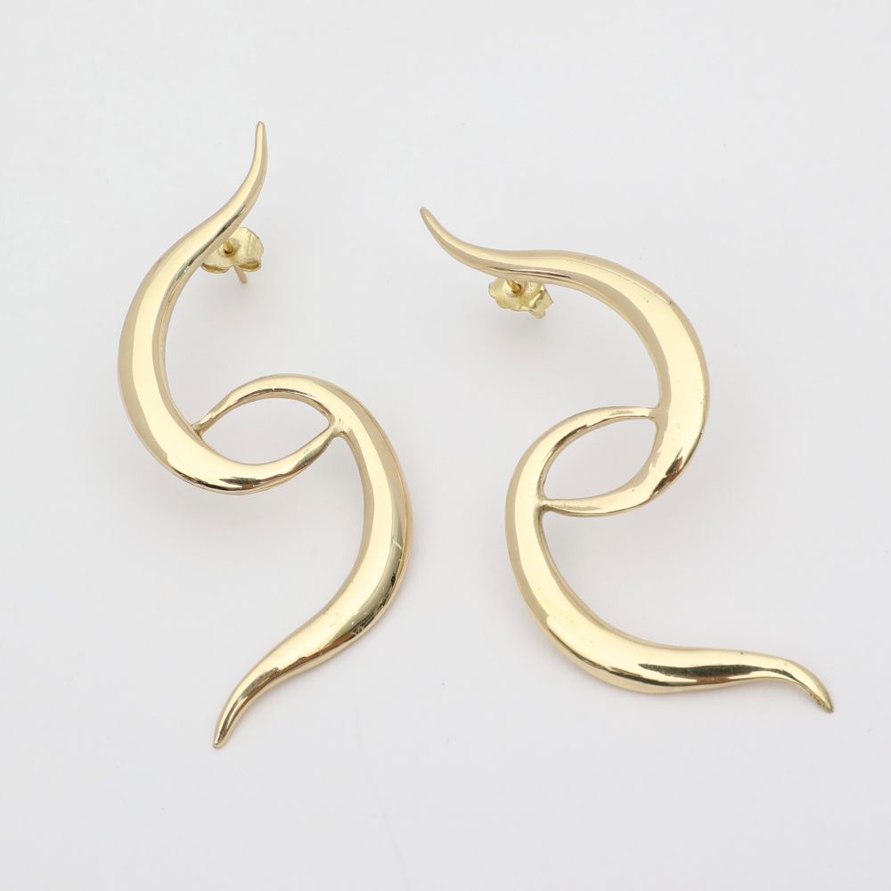  handmade brass open swirl statement earrings, flat lay pair view, artisan jewelry made in Greece