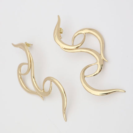  handmade brass large open curl statement earrings, flat lay pair view, artisan jewelry made in Greece