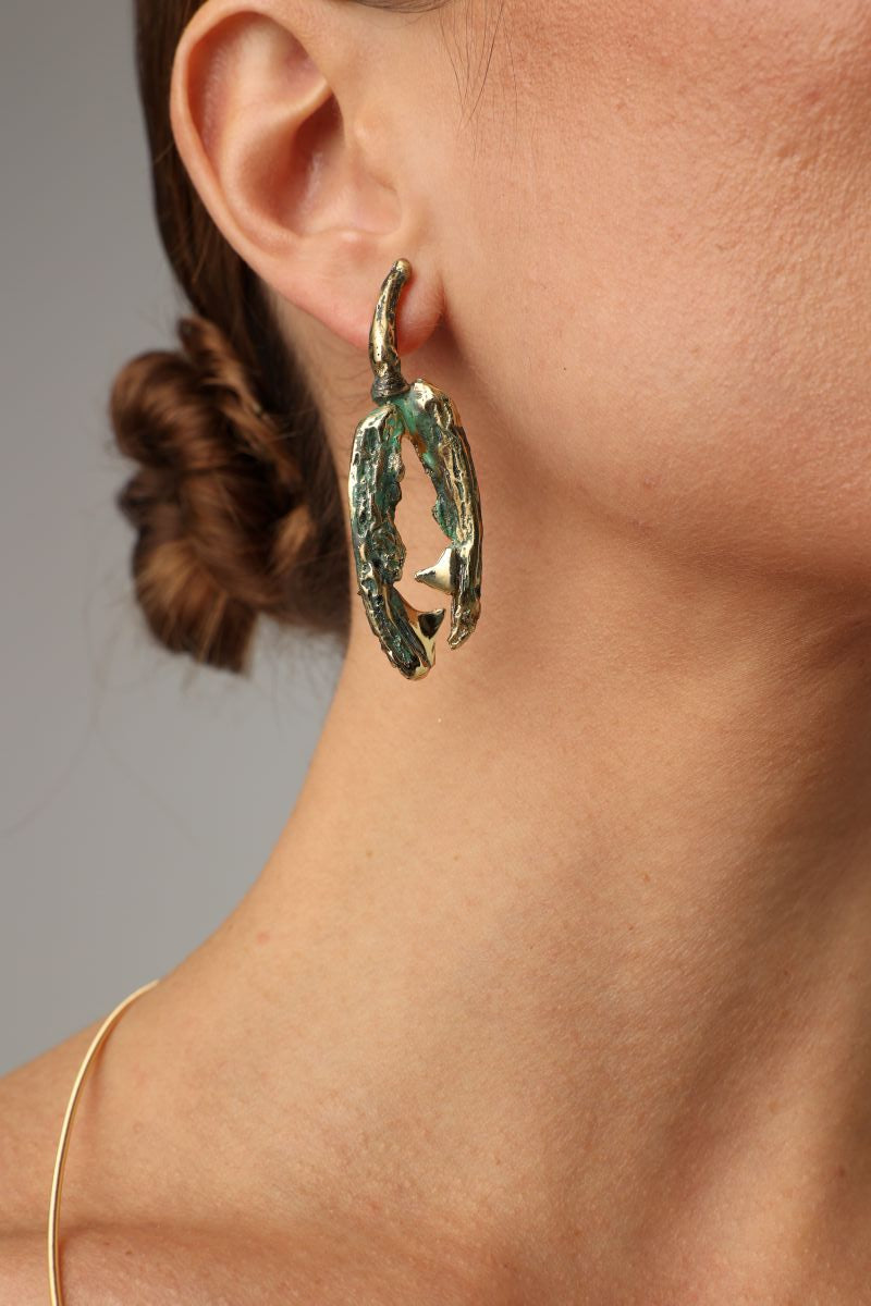 Claw Earring — handmade brass sculptural drop earrings with patina, artisan jewelry made in Greece