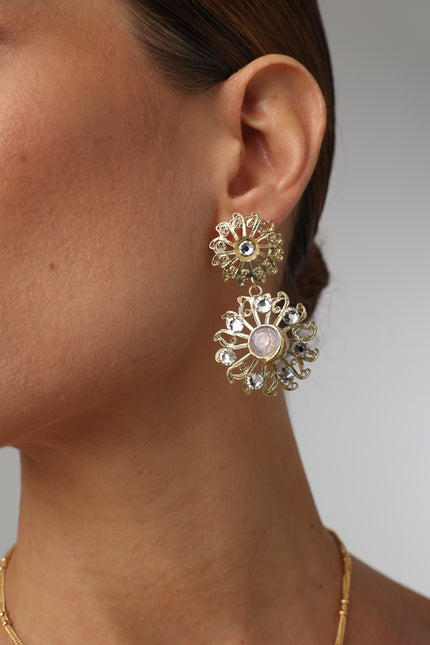 Product shot of luxurious brass filigree earrings on white background.