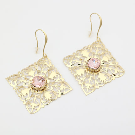 delicate gold lace earrings with pink stone studio shot