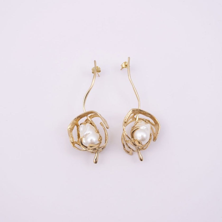 Handmade brass pearl nest drop earrings, product shot, Bubblegum