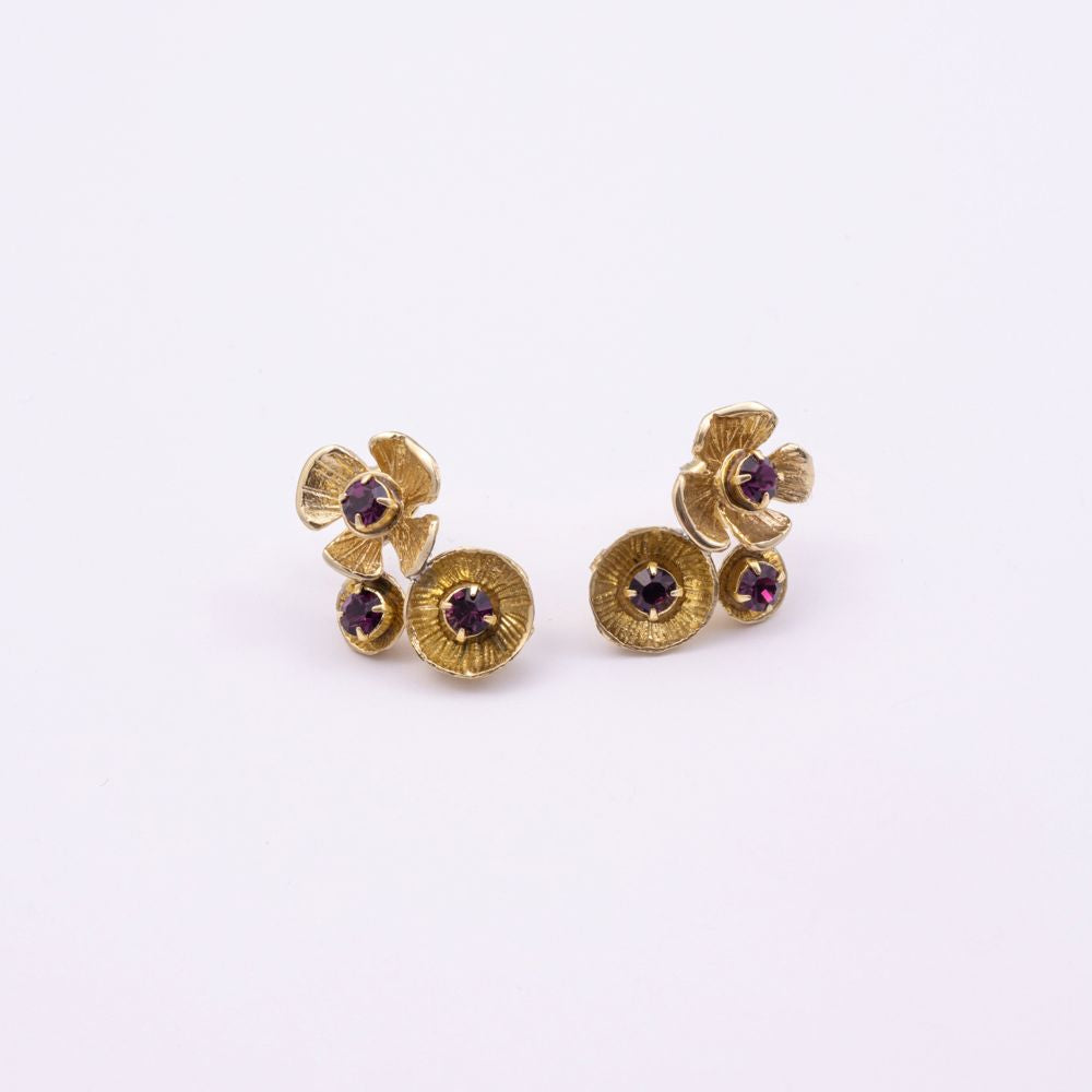 Brass cluster stud earrings pair with amethyst crystal florets