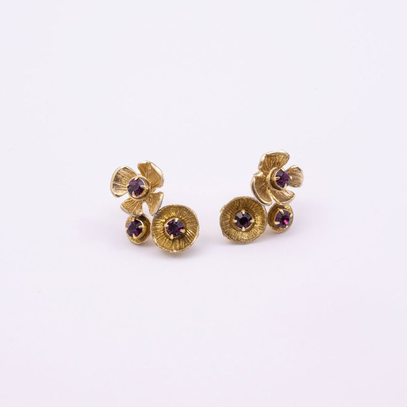 Brass cluster stud earrings pair with amethyst crystal florets