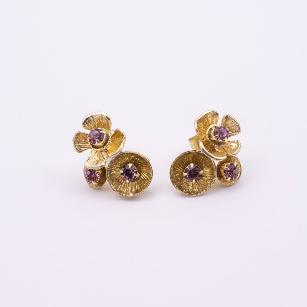 Brass cluster stud earrings pair with light purple crystal florets