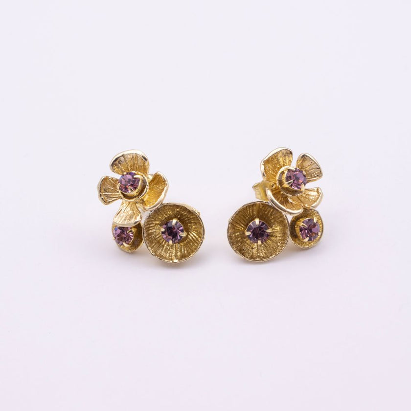 Brass cluster stud earrings pair with light purple crystal florets