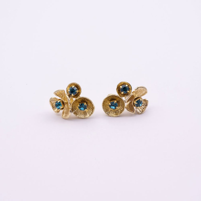 Brass cluster stud earrings pair with blue topaz crystal florets