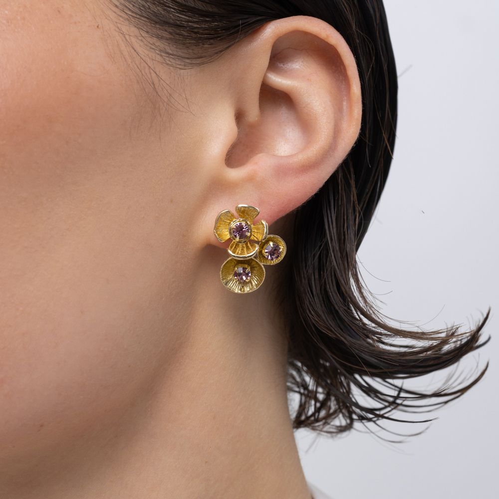 Handmade brass cluster stud earring with amethyst crystal florets