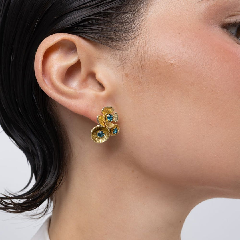 Brass cluster stud earring with blue topaz crystal florets