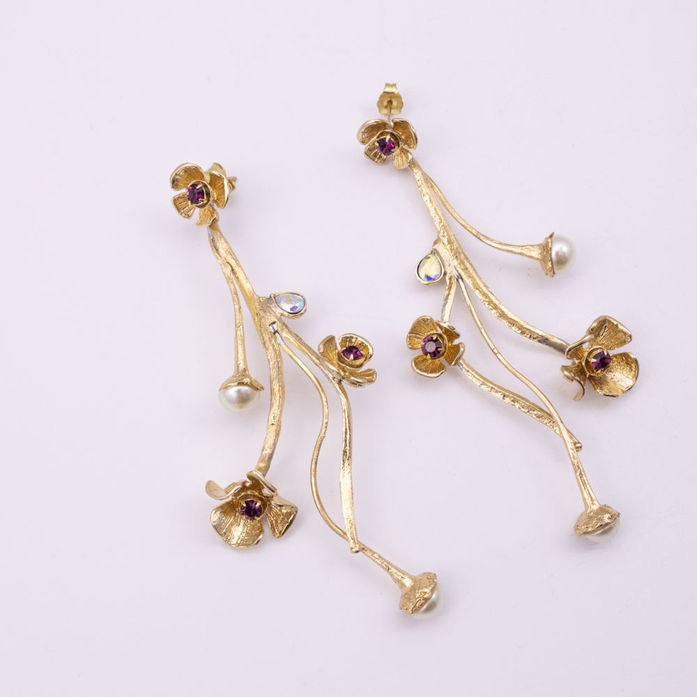 Brass long drop earrings pair with amethyst flowers and pearl buds, product shot