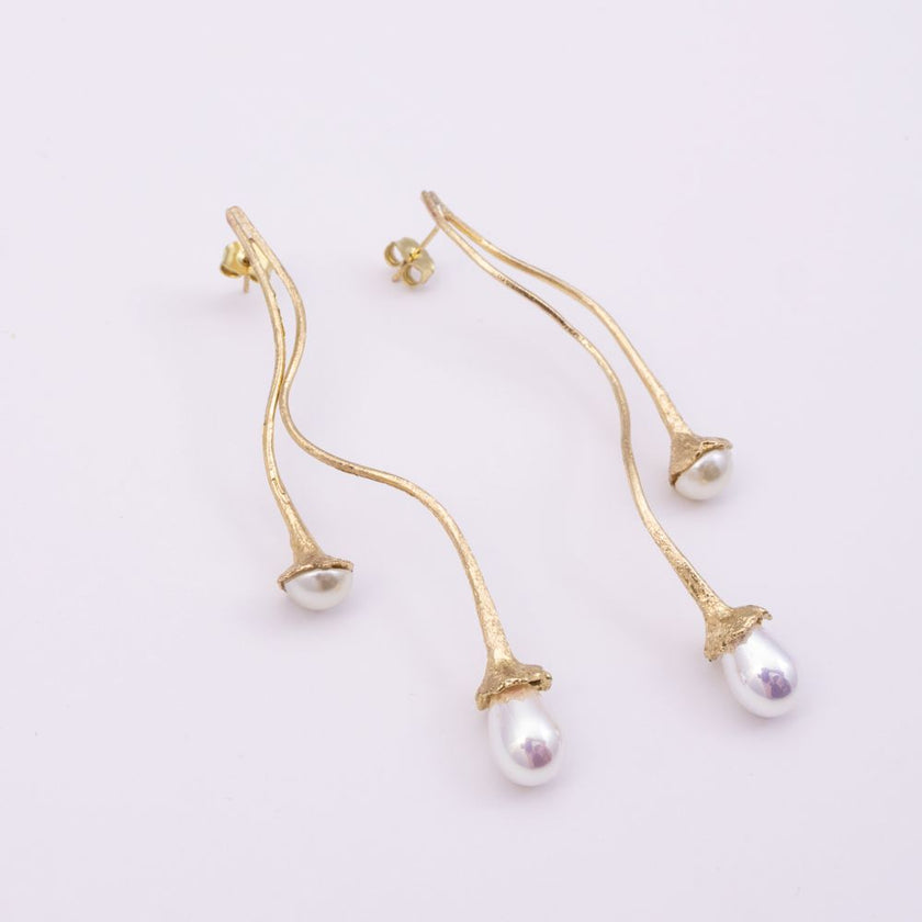 Brass drop earrings with pearl-capped stems, pair, product shot
