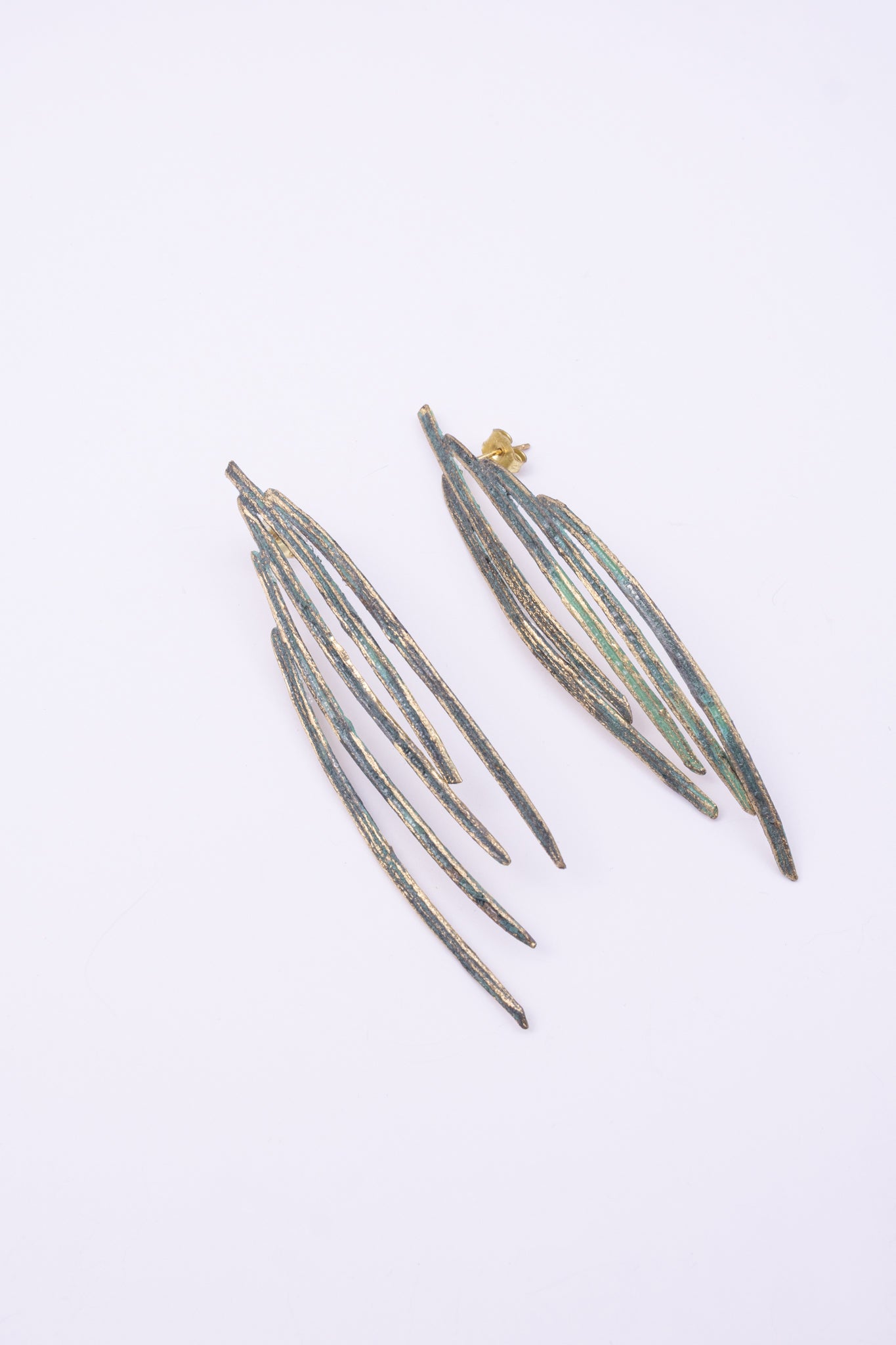 Pine Earrings, handmade brass artisan feather earrings with layered textured blades, jewelry made in Greece