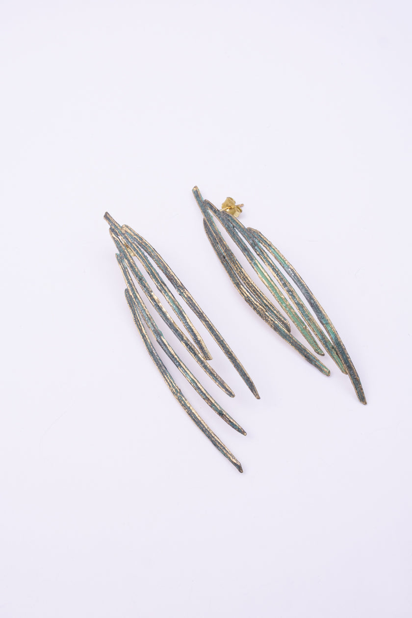 Pine Earrings, handmade brass artisan feather earrings with layered textured blades, jewelry made in Greece