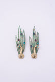 Peacock Earrings, handmade brass long drop earrings with sculpted peacock, patinated feather blades and teardrop crystals on white background
