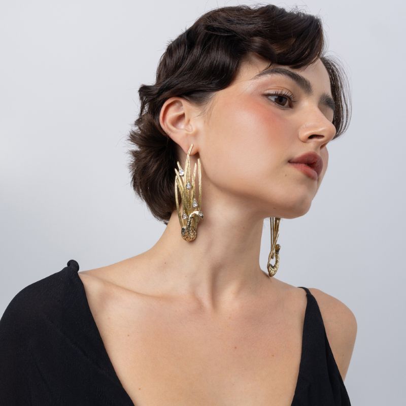 Peacock Earrings on model, handmade brass boho statement earrings with fantasy peacock design, unique designer jewelry