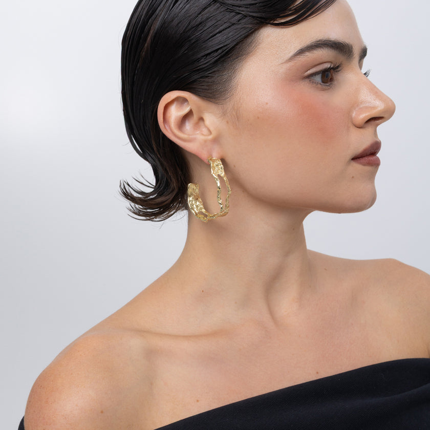 Lichen Hoop Earrings on model, handmade brass openwork hoop earrings worn on ear showing scale and lacy texture