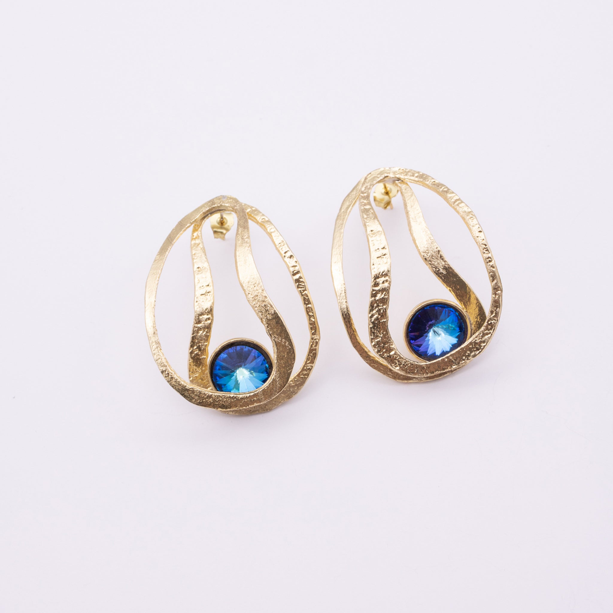 Boteh Earrings, handmade brass artisan earrings with swirling textured ribbons and crystal, jewelry made in Greece