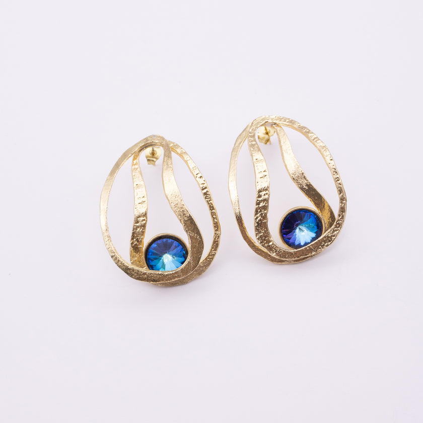 Boteh Earrings, handmade brass artisan earrings with swirling textured ribbons and crystal, jewelry made in Greece