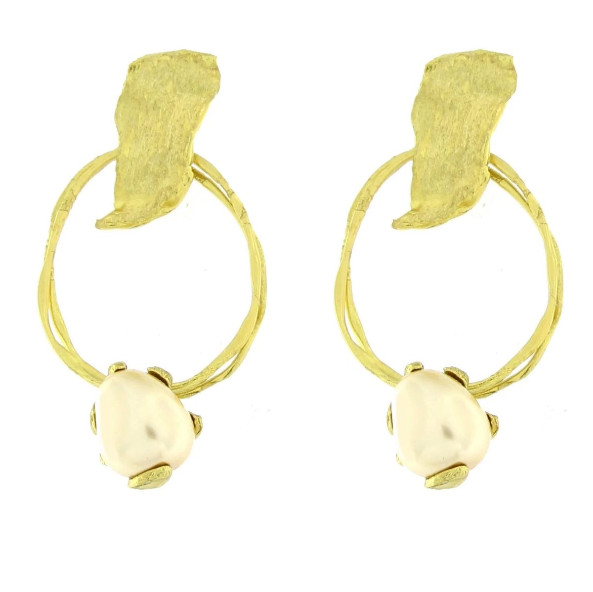 Pair of gold hoop earrings with leaf-like designs on a white background