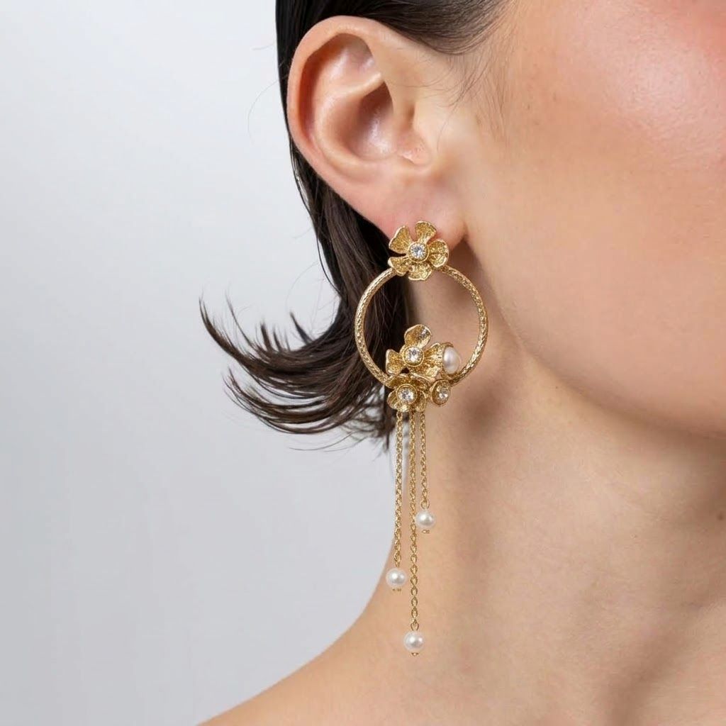 Handmade brass floral hoop drop earring with pearl chains, worn on ear, Pearl Bud