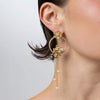 Handmade brass floral hoop drop earring with pearl chains, worn on ear, Pearl Bud